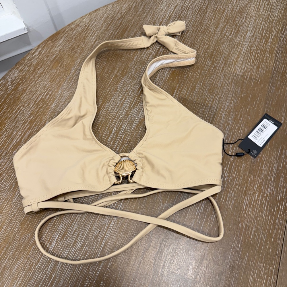 PrettyLittleThing Stone Halter Neck Shell Trim Beige Bikini Top 4 Beach Neutral